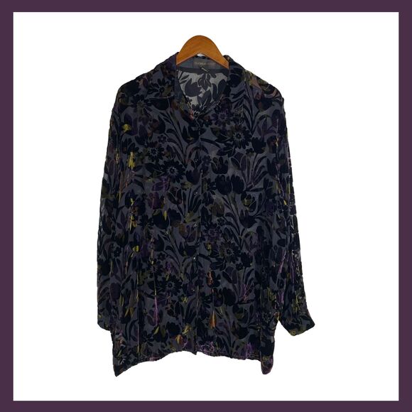 Vintage Burnout Velvet Blouse Button Down Black Purple Green Floral Size XL Y2K - Picture 1 of 12